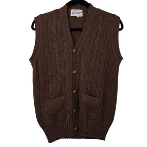 Vintage Heather Loom Cardigan Sweater Vest Mens S Brown Wool Cable Knit Grandpa